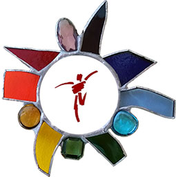 Stained glass circle with logo